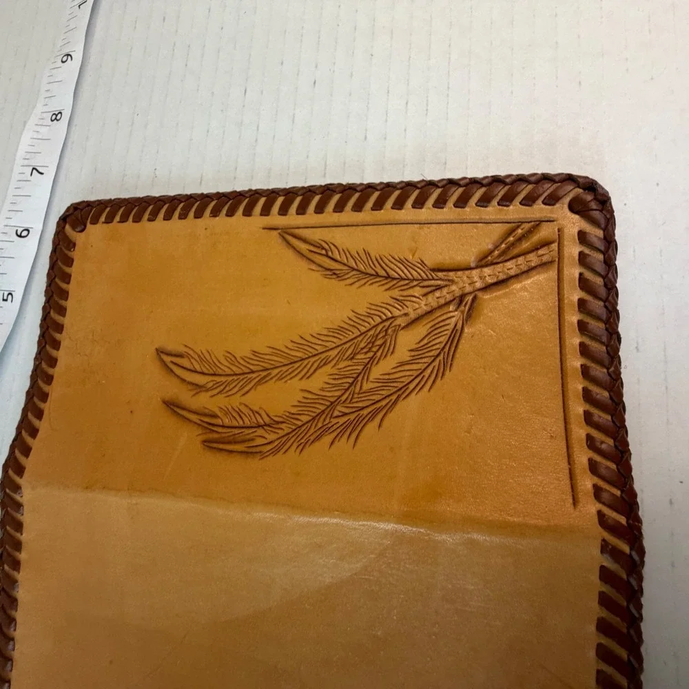 Vintage Hand Tooled Leather Checkbook Cover Floral Ferns Bi-Fold Wallet